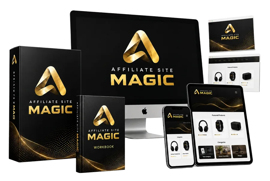 Affiliate Site Magic™ product package shown on desktop, tablet and phone